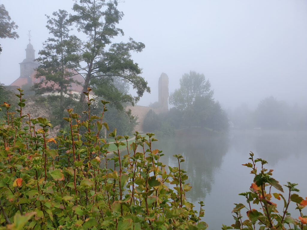 Am Burgweiher von Dreieichenhain ragt die erhaltene Wand des Wohnturms imposant in die Höhe. Links die Burgkirche.